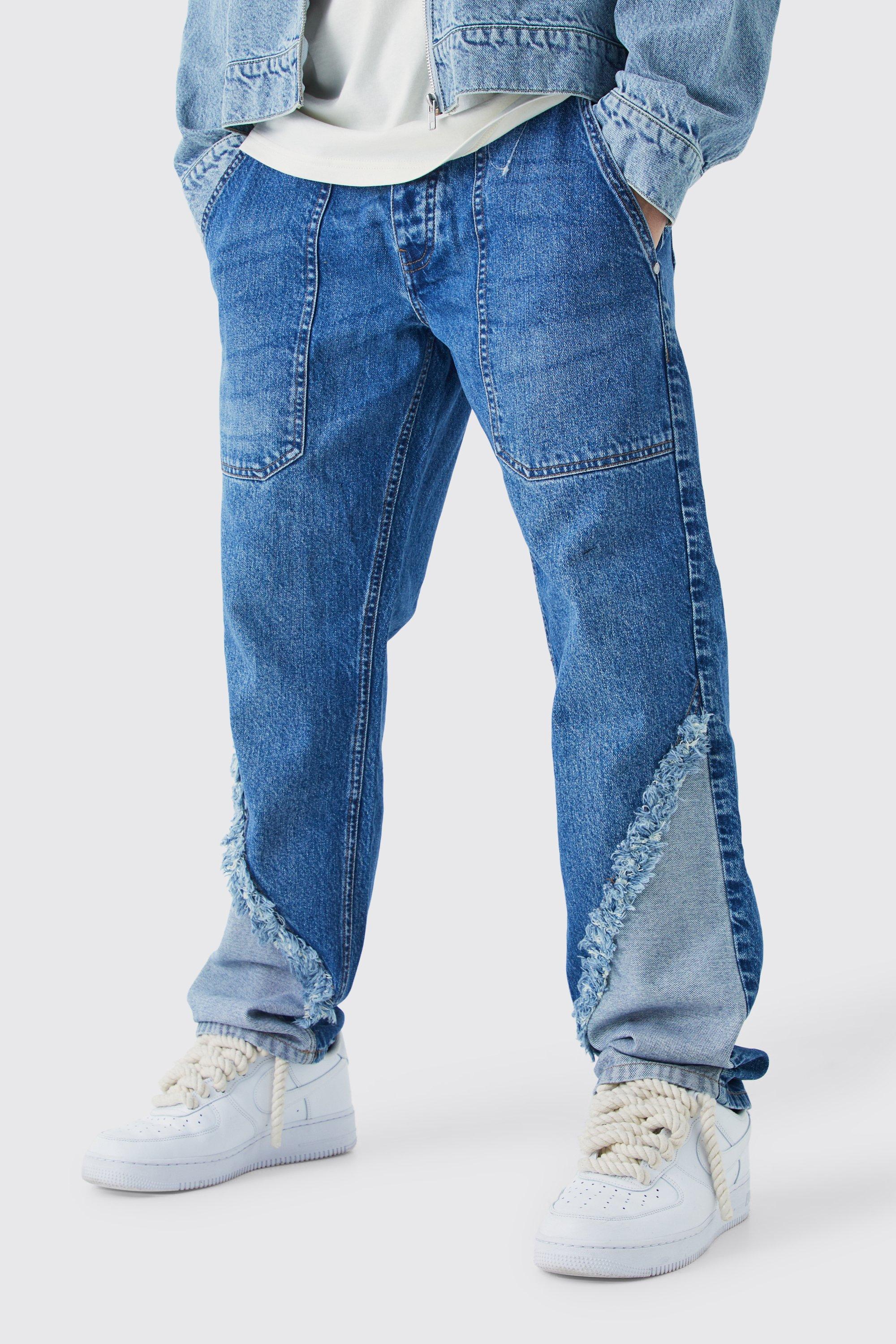 Mens Relaxed Rigid Frayed Spliced Jeans In Mid Blue, Blue